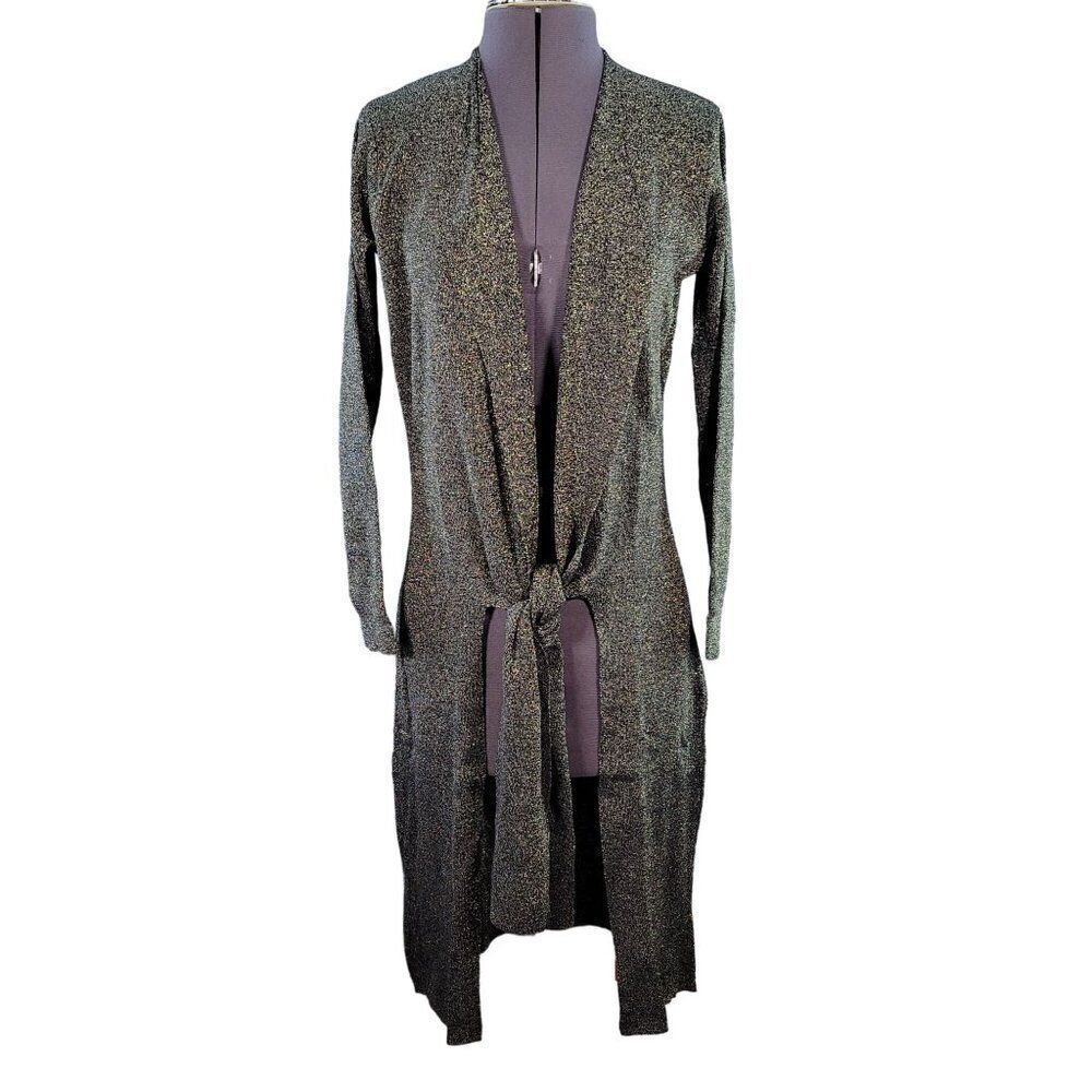 Iman Black Metallic Long Sleeve Tie Front Cardigan Sz XS